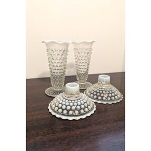 4pc Vintage Fenton‎ Style Hobnail Glass Opalescent White Vases Candle Holders